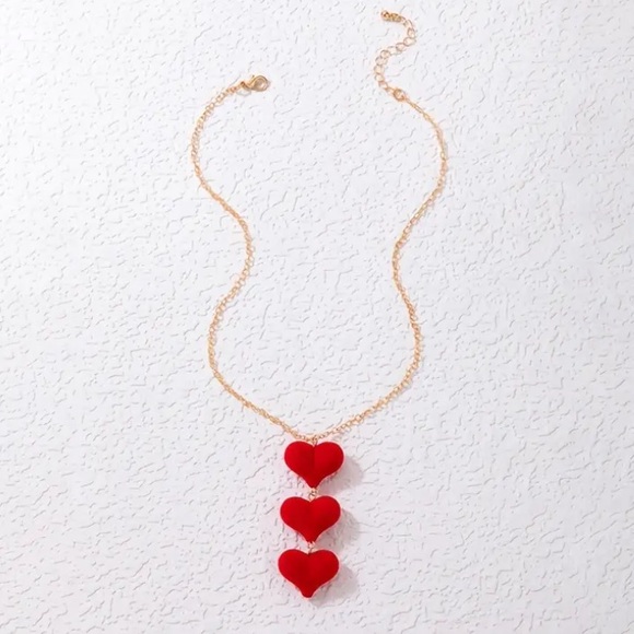 Red Velvet Triple Layer Puffed Heart Gold Toned Necklace - Picture 2 of 2